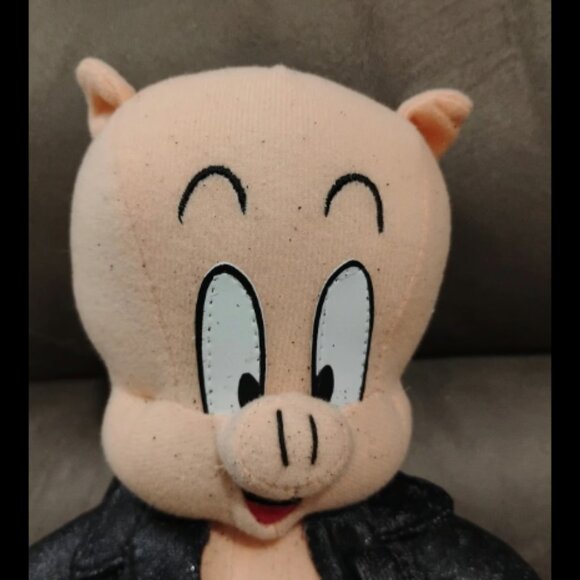 Porky Pig Looney Tunes Stuffed Animal Plush with Black Leather Jacket, SEE DESC - Picture 7 of 12